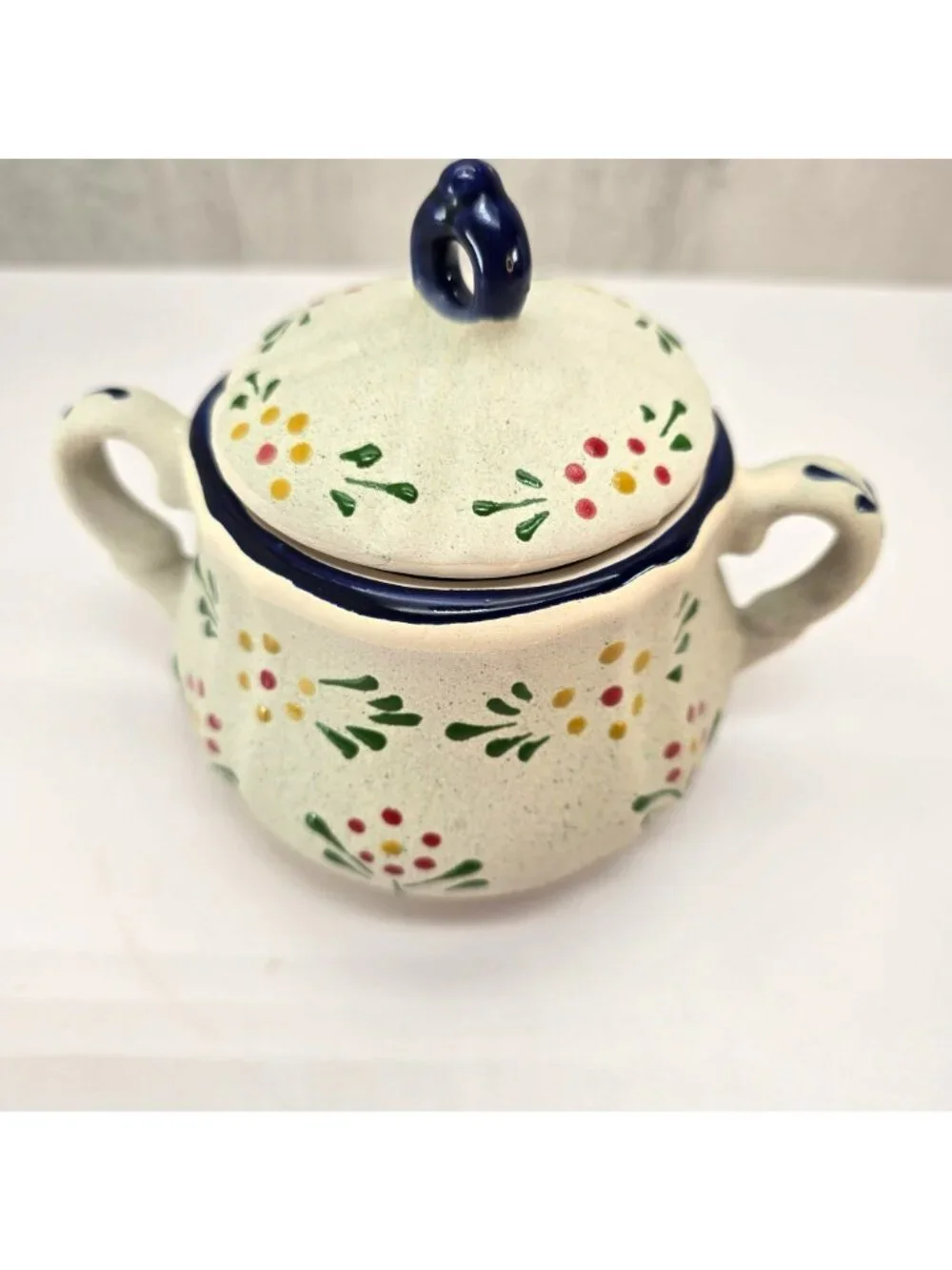 Vintage Floral Ceramic Sugar Bowl With Lid Two Handles Painted Dots CM2351